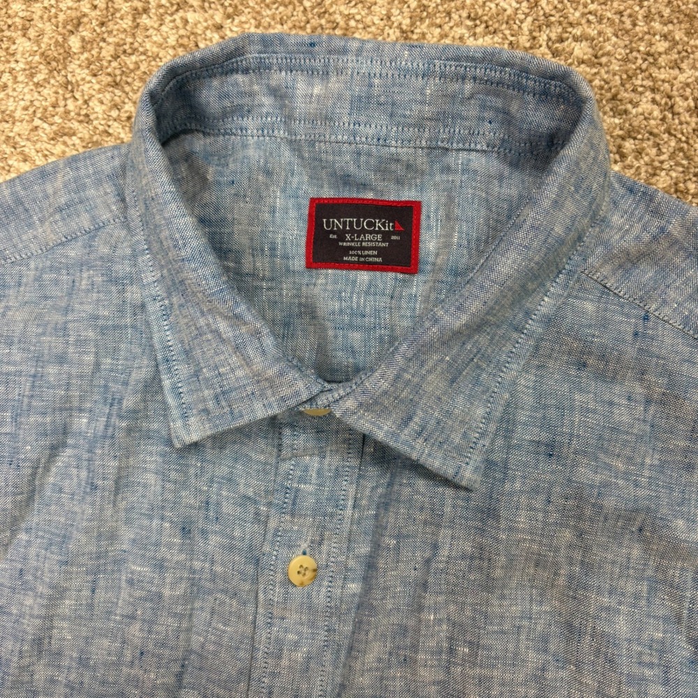 UNTUCKit Linen Shirt Mens XL Cameron WR Short Sleeve Button Down Light Blue